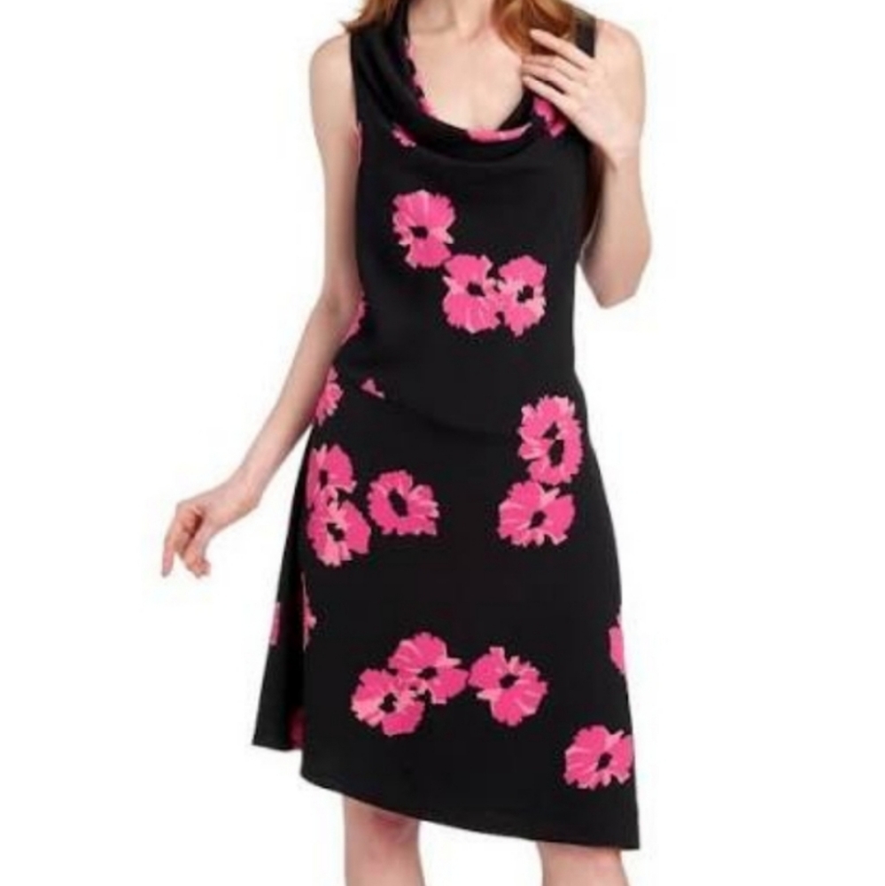 Anne Klein Dress Size Medium Sleeveless Floral Pink Black Midi Knee Length
